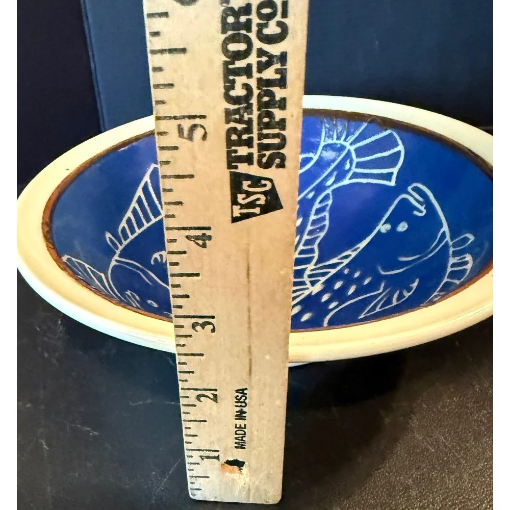 Ahna Iredale Pottery Bowl Blue Sgraffito Fish Handcrafted Alaska Artist 7.5